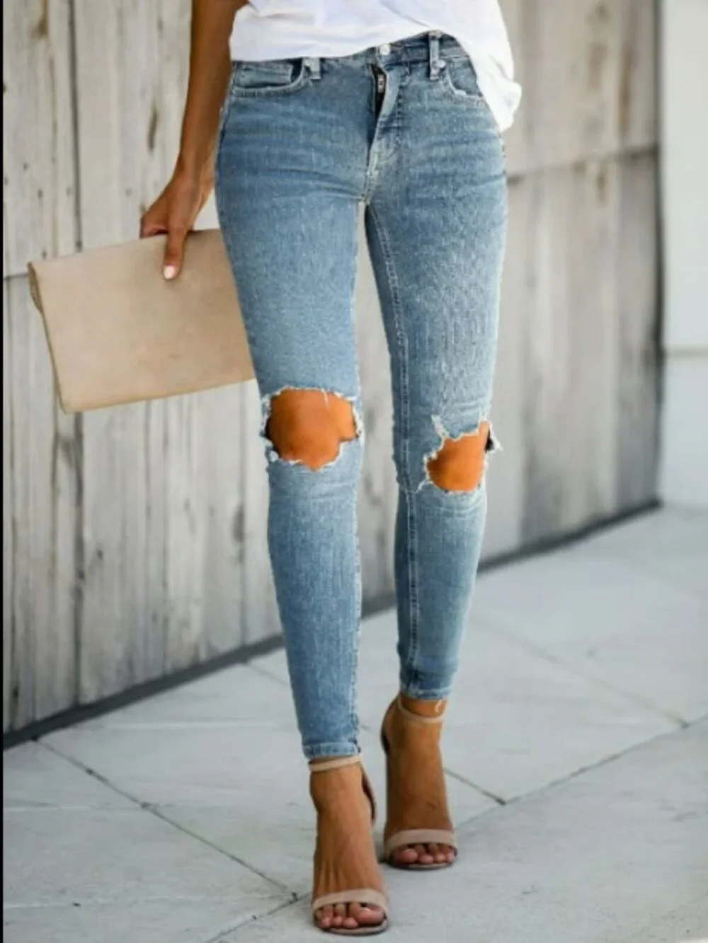 FREE PEOPLE Size 27 Light Blue Wash High-Rise Busted Knee Ripped Skinny Jeans 4